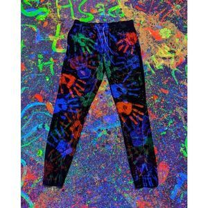 UV Reactive Fractal Hand Print Joggers; Upcycled; Painted; 31/29"